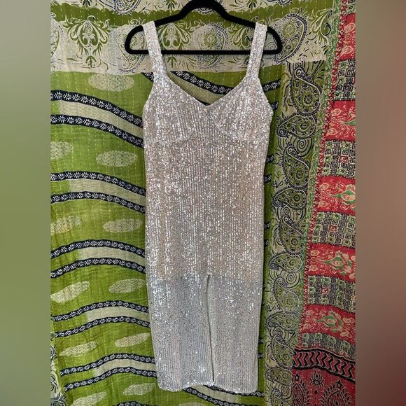 NWT Zara Trafaluc Silver Sequin Midi Dress Size Medium - Picture 3 of 16